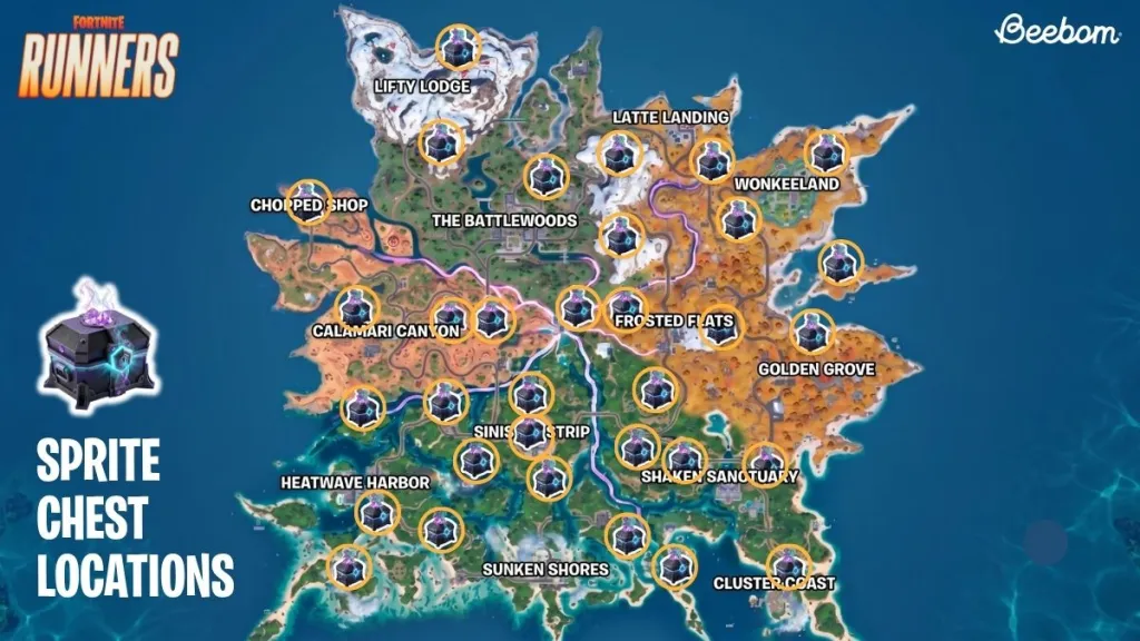 Mappa di Fortnite con le posizioni delle Sprite Chest marcate