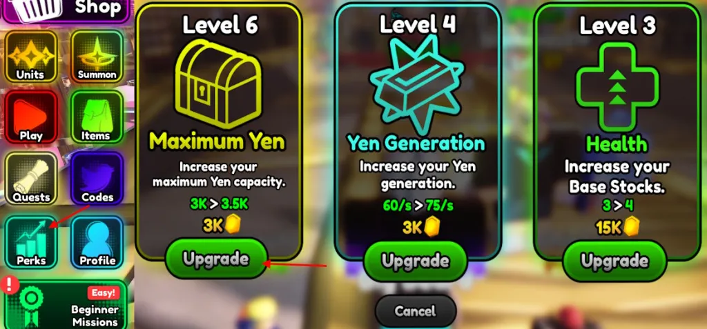 Interfaccia di upgrade dei perk in Anime Squadron