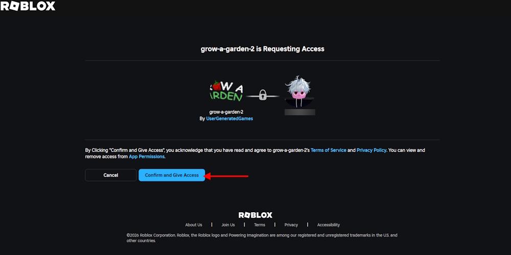 Autorizzazione di accesso Roblox per Grow a Garden 2