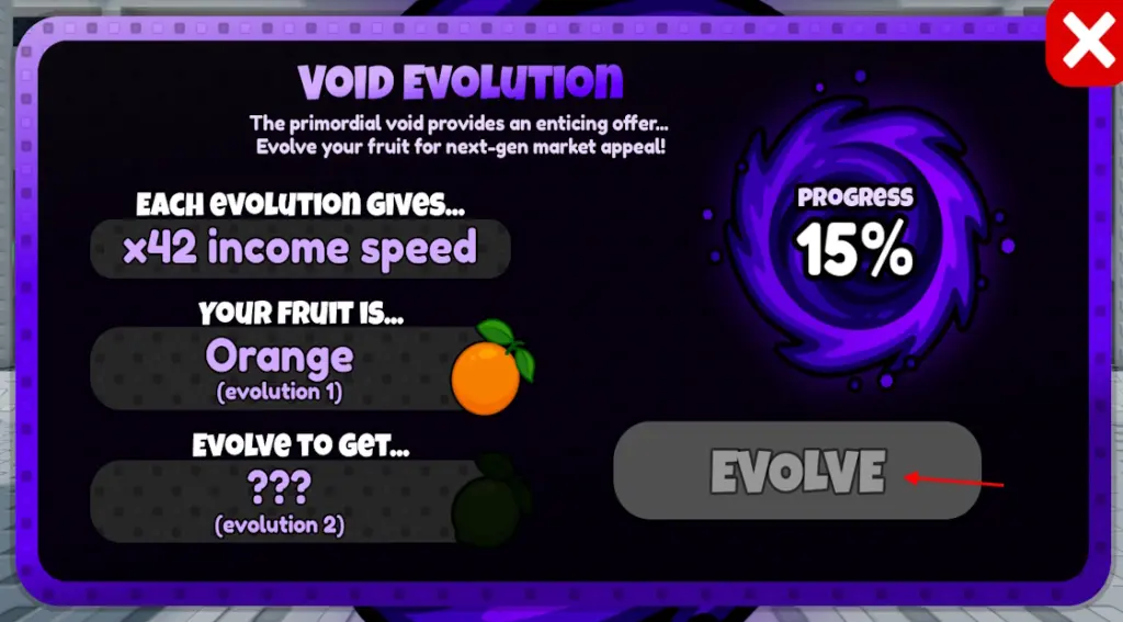 Schermata di evoluzione con pulsante Evolve