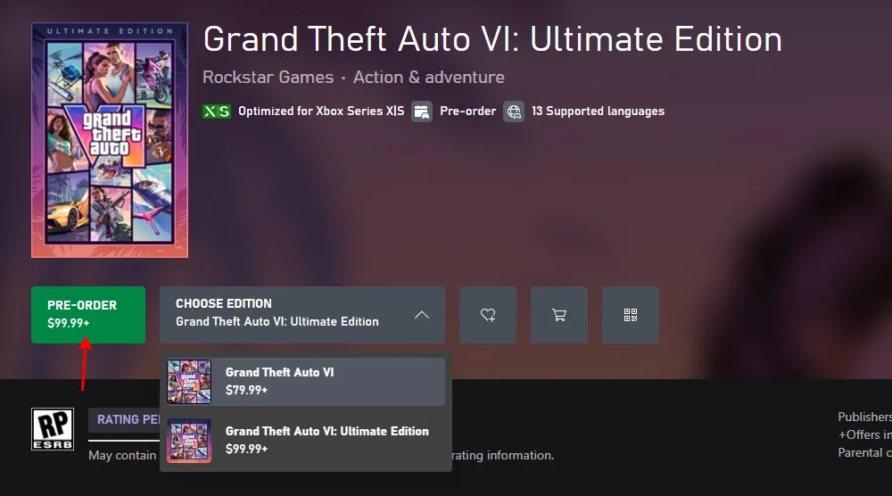 Ultimate Edition di GTA 6 nella pagina Xbox Store