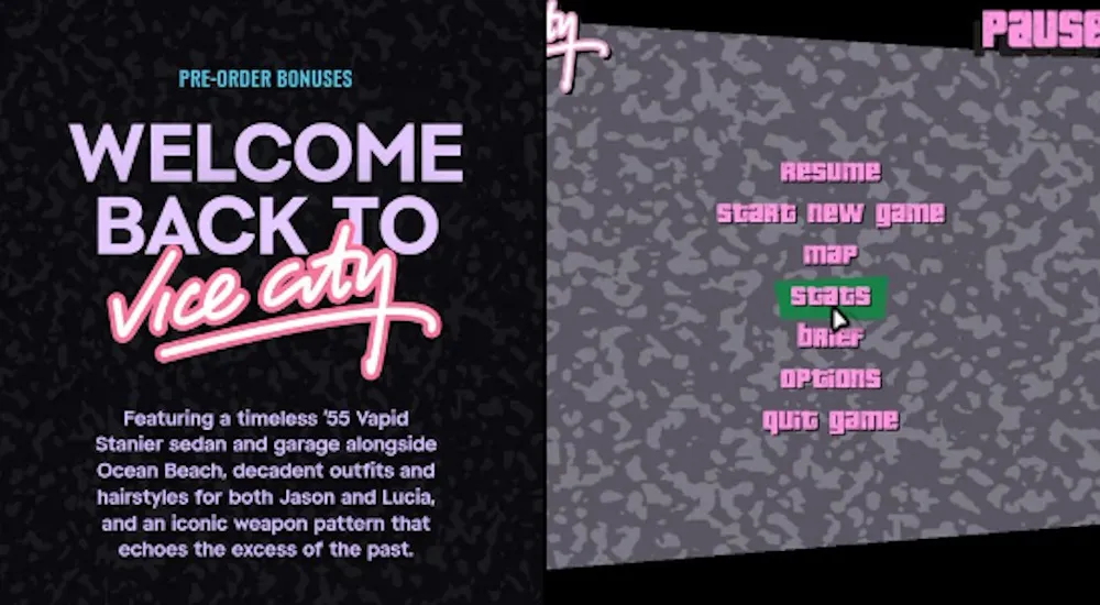 Sito di GTA 6 con grafica stile menu di Vice City