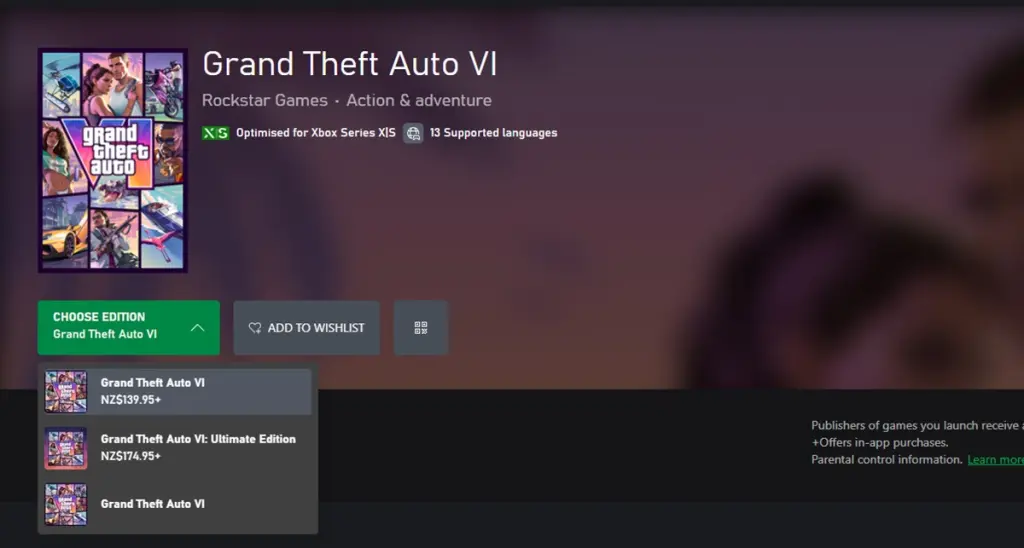 Pagina di pre‑order di GTA 6 sullo Store Xbox (Nuova Zelanda)