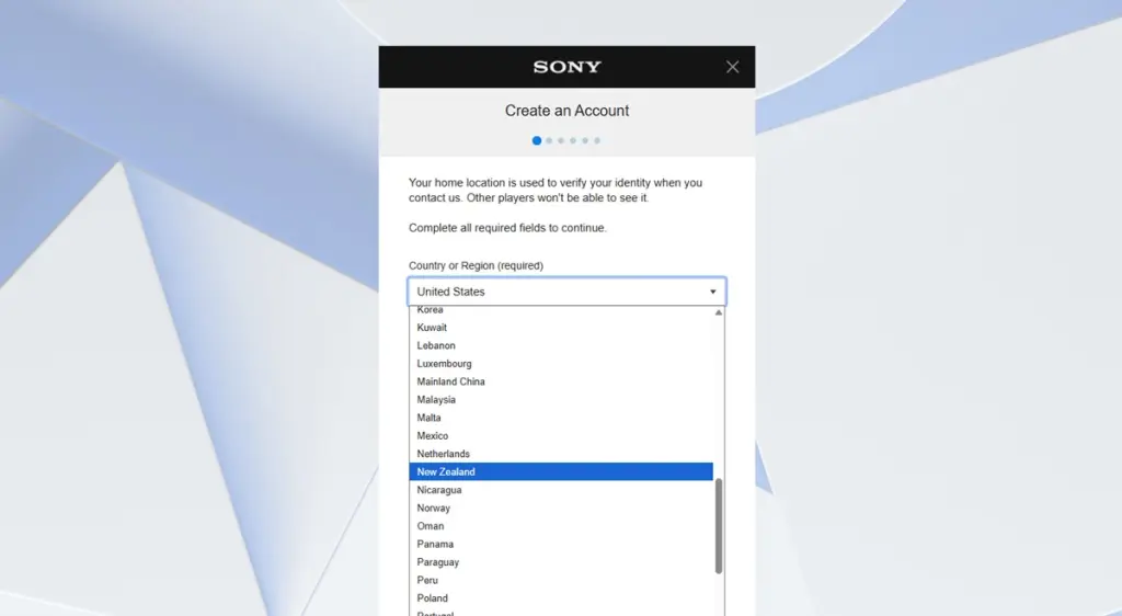 Creazione account PlayStation con paese impostato su Nuova Zelanda