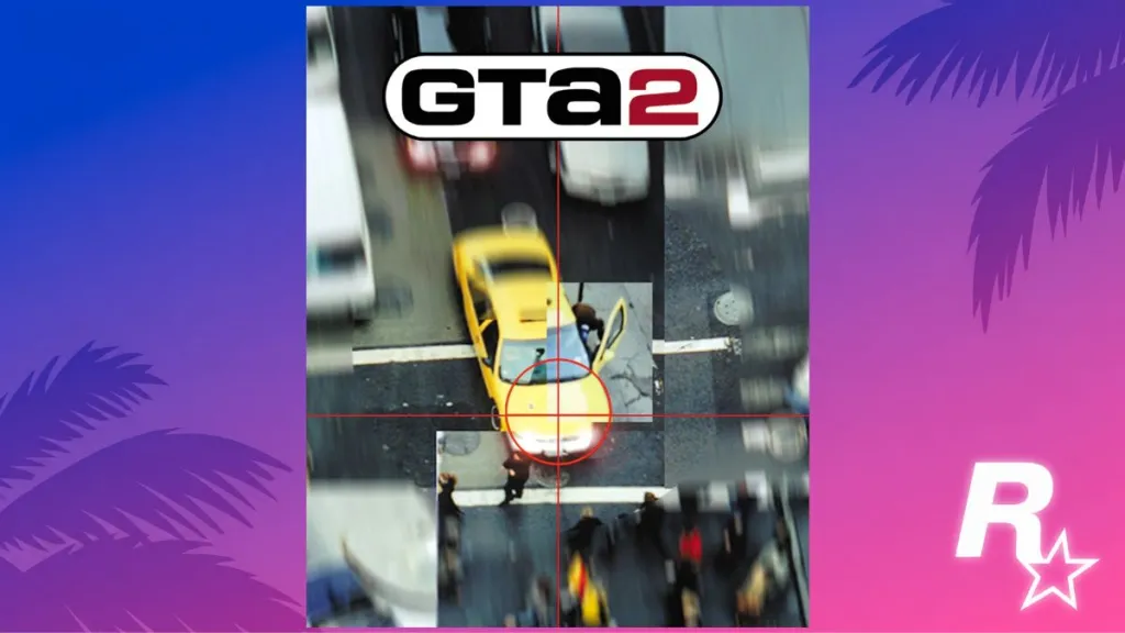 Copertina di Grand Theft Auto 2 (1999) con visuale da cecchino su taxi