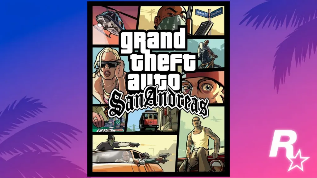 Copertina di GTA San Andreas (2004) collage con skyline, AK‑47 e BMX