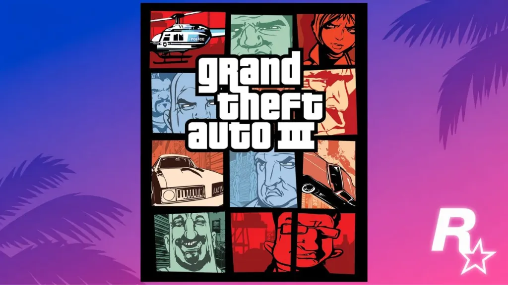 Copertina di GTA 3 (2001) a mosaico di personaggi e veicoli