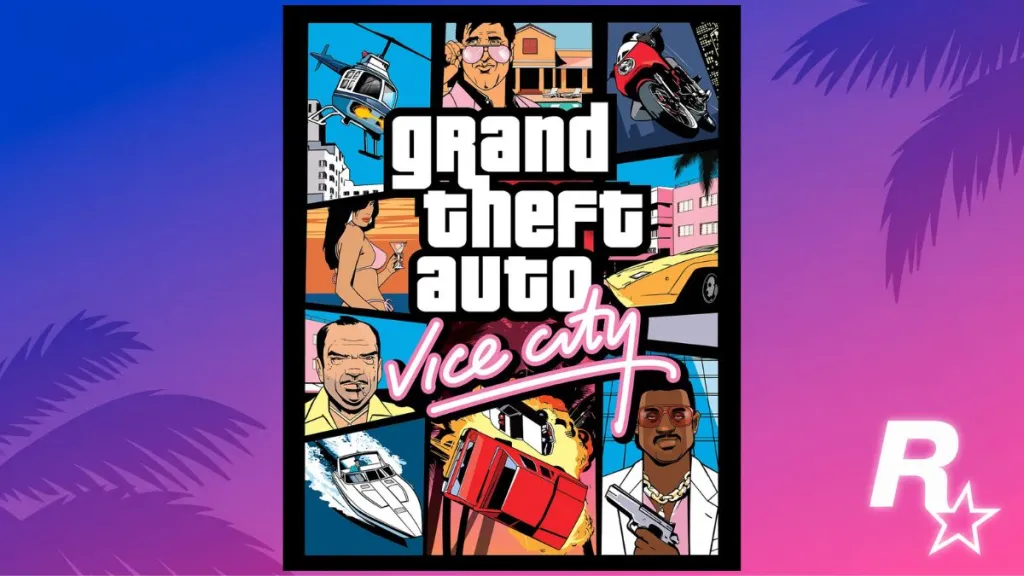 Copertina di GTA Vice City (2002) collage neon di Miami anni ’80