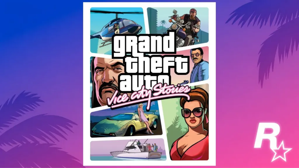 Copertina di GTA Vice City Stories (2006) con elicottero e biker