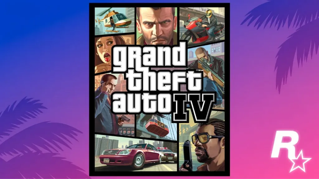 Copertina di GTA 4 (2008) con Niko Bellic e elicottero Maverick