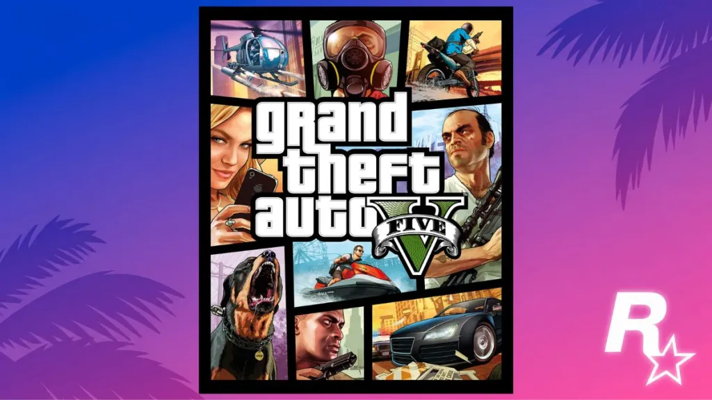 Copertina di GTA 5 (2013) con elicottero, tre protagonisti e scena di rapina