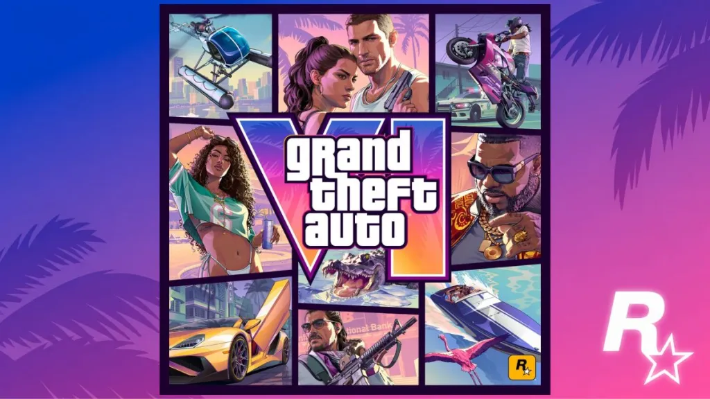 Copertina di GTA 6 (2026) con elicottero Sea Sparrow, protagonisti e moto rosa