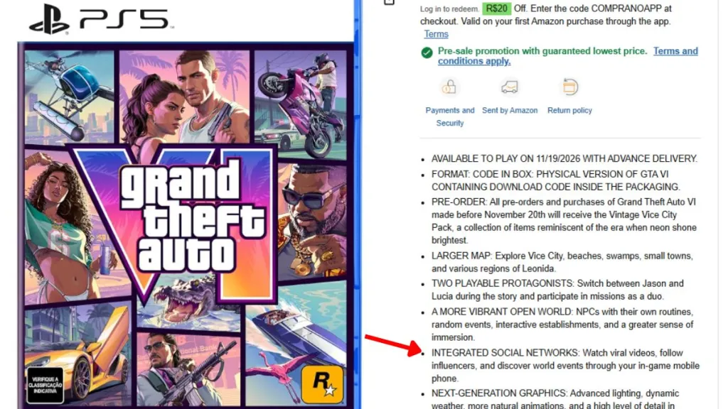 Schermata del social media in GTA 6 mostrata su Amazon Brazil