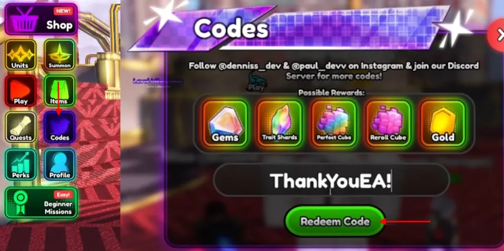 Schermata di riscattazione dei codici in Anime Squadron