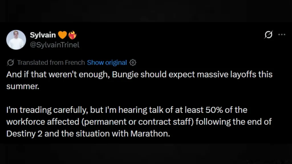 Immagine che mostra la riduzione del 50% del personale di Bungie