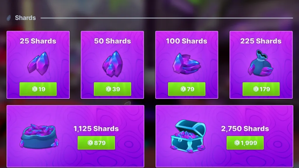 Shard disponibili in Anime League, visualizzati nel negozio di gioco