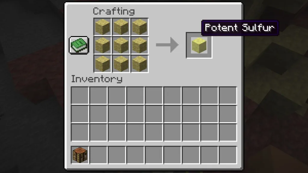 Ricetta di crafting del blocco Potent Sulfur in Minecraft