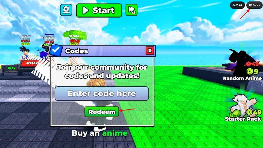 Schermata di inserimento codici in Defend Ur Base With Anime su Roblox