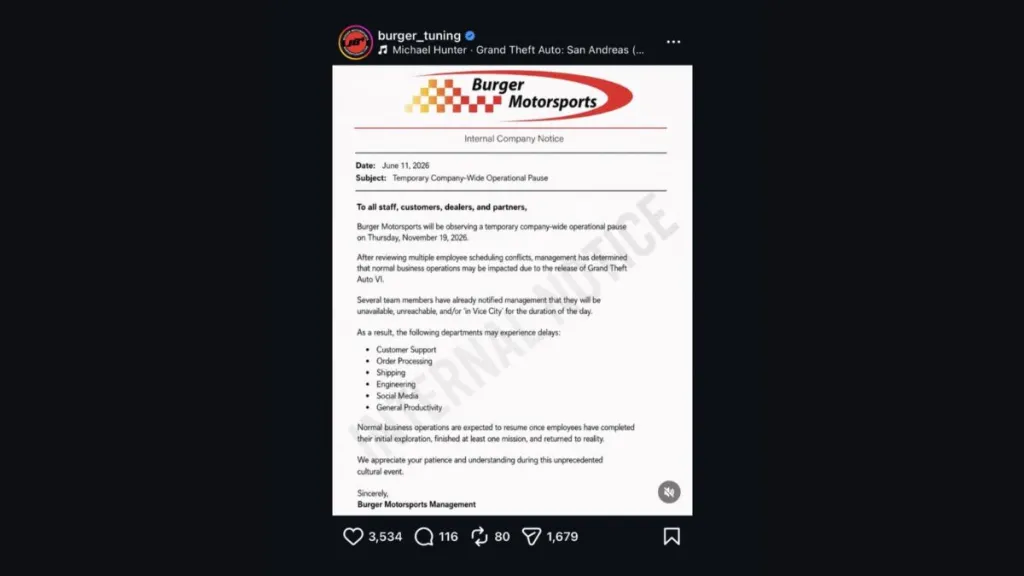 Annuncio di chiusura temporanea di Burger Motorsports per il lancio di GTA 6