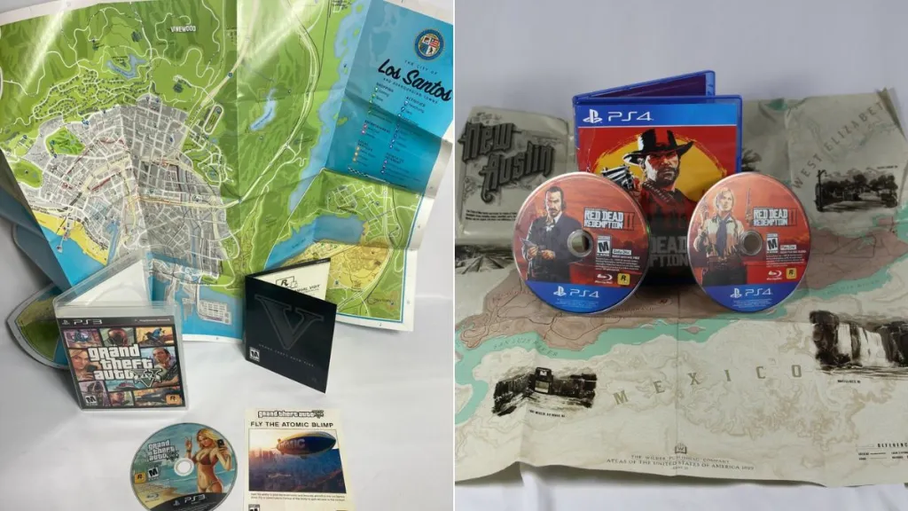 Confezione Rockstar con mappa cartacea di GTA 5 e Red Dead Redemption 2