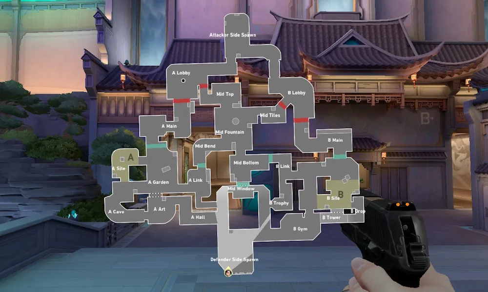 Mappa minimap di Summit, evidenziata la struttura a tre corsie