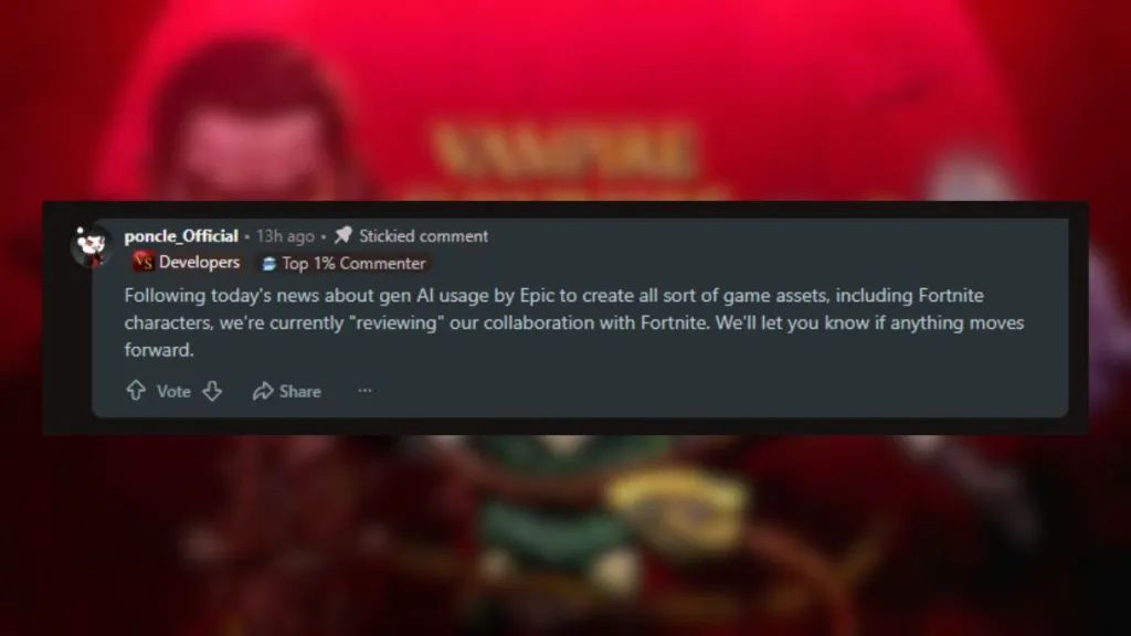 Commento di Poncle sulla possibile collaborazione fra Fortnite e Vampire Survivors