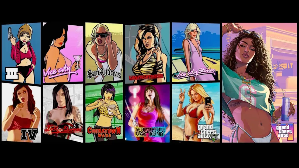 Ragazza della cover di GTA 6 circondata dalle precedenti cover girl della serie