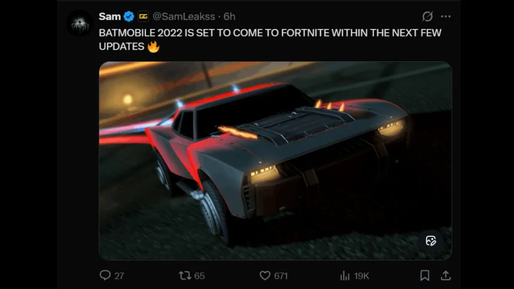 Batmobile di The Batman nel gioco Fortnite