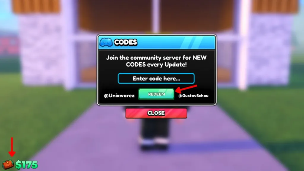 Schermata di riscossione dei codici in My Gym su Roblox