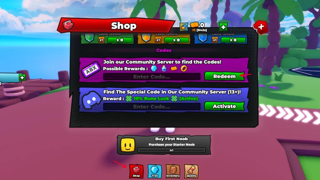 Schermata di Noob Incremental con la sezione Codici pronta per il redeem