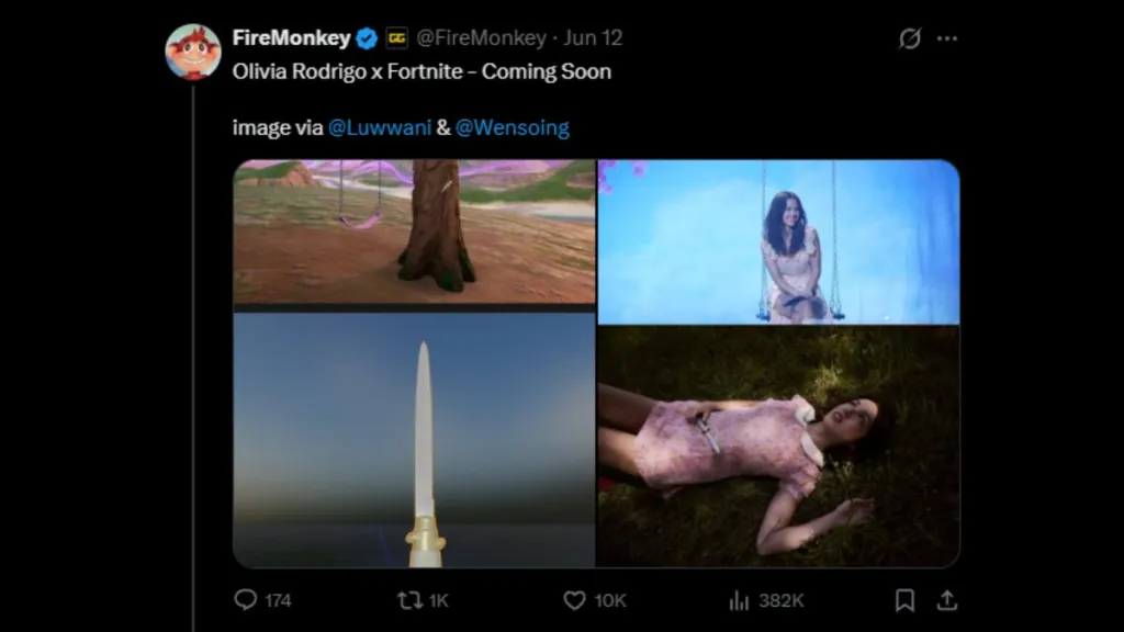 Albero con coltello e altalena che fa riferimento a Olivia Rodrigo in Fortnite