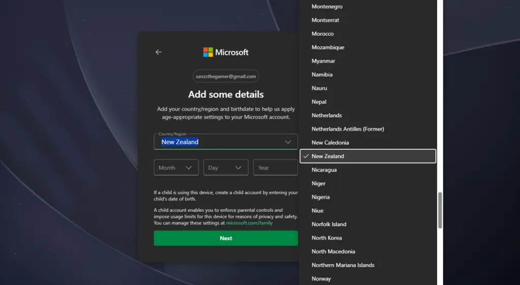 Creazione account Microsoft impostato su Nuova Zelanda