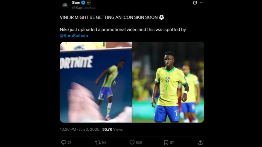 Anteprima della skin Vinícius Junior per Fortnite, rivelata da Nike