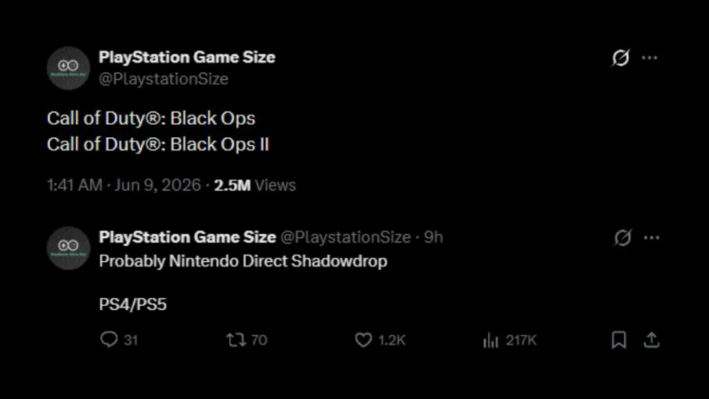 Listing su PlayStation Game Size di Black Ops 1 e 2 per PS4 e PS5