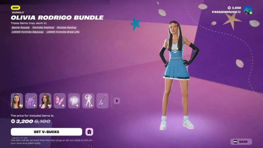 Screenshot dell'Item Shop di Fortnite con il bundle Olivia Rodrigo