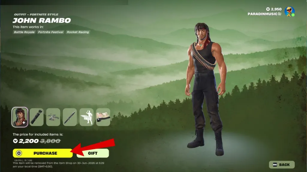 Skin Rambo mostrata nell'Item Shop di Fortnite