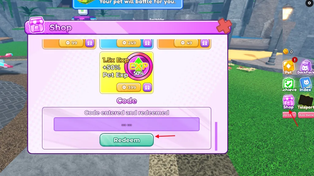 Schermata di Blox Monsters con la sezione Codici per il riscatto
