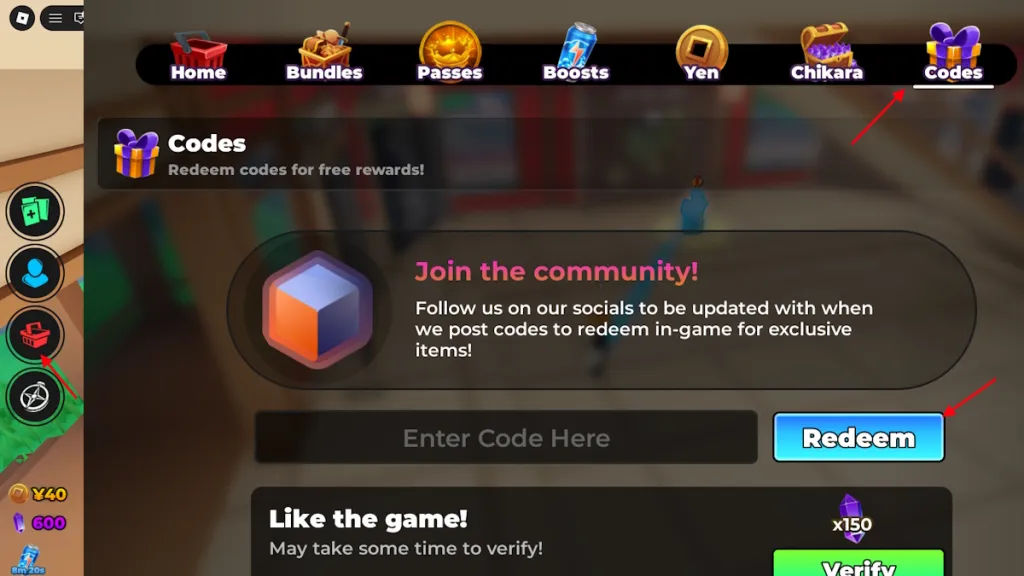 Schermata di inserimento dei codici in Anime Fighting Simulator su Roblox