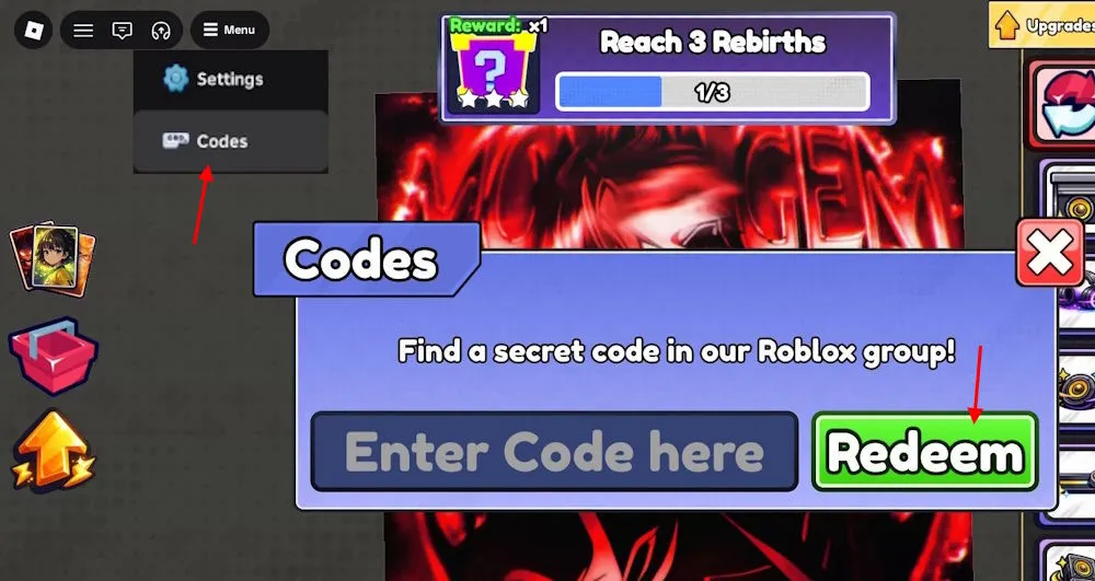 Schermata di riscatto dei codici in Phonk Clicker su Roblox