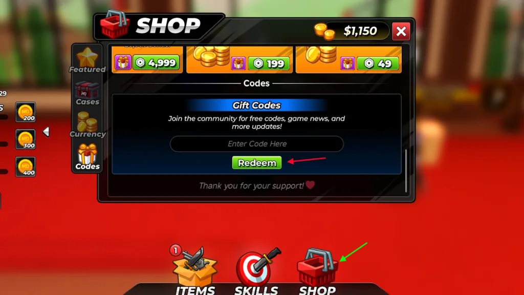 Schermata di riscatto dei codici in Murder Duels