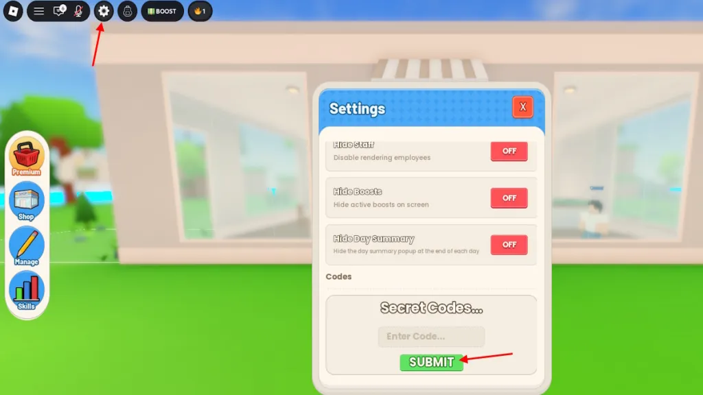 Schermata di riscossione dei codici in Run a Restaurant