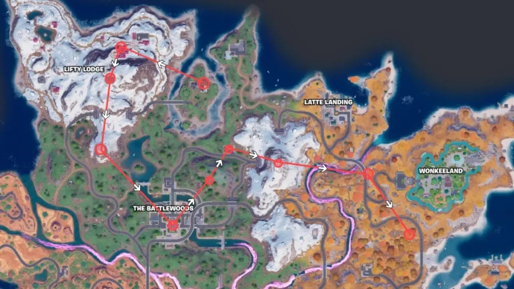 Mappa del percorso di farming delle Sprite con indicata la zona di partenza a est di Lifty Lodge