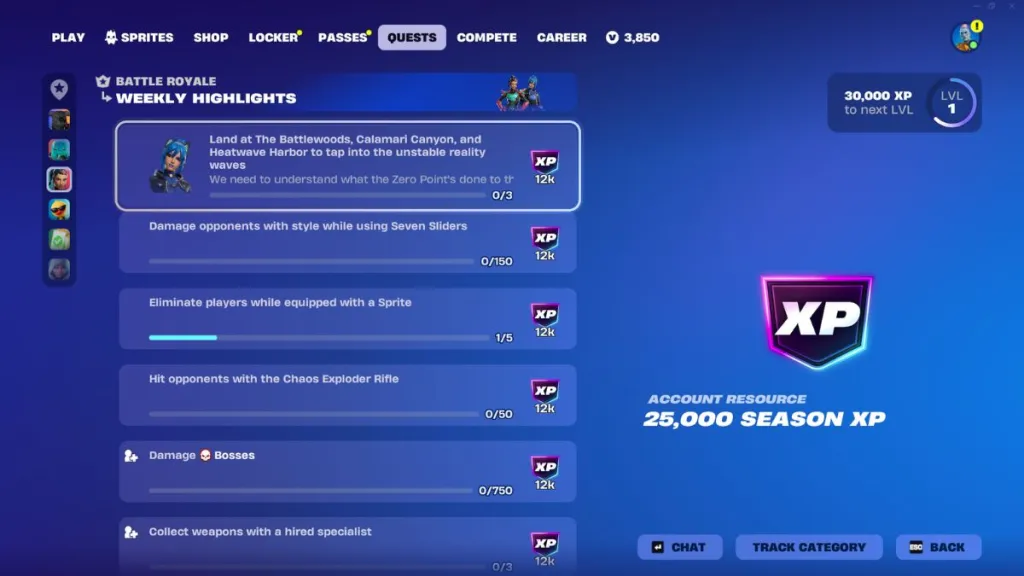 Screenshot delle quest della settimana 1 di Fortnite Chapter 7 Stagione 3
