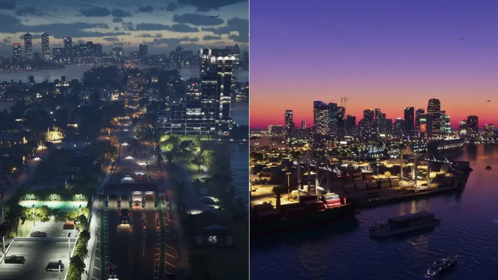 Confronto tra la skyline di Vice City del trailer 1 e la nuova immagine di pre‑ordine di GTA 6