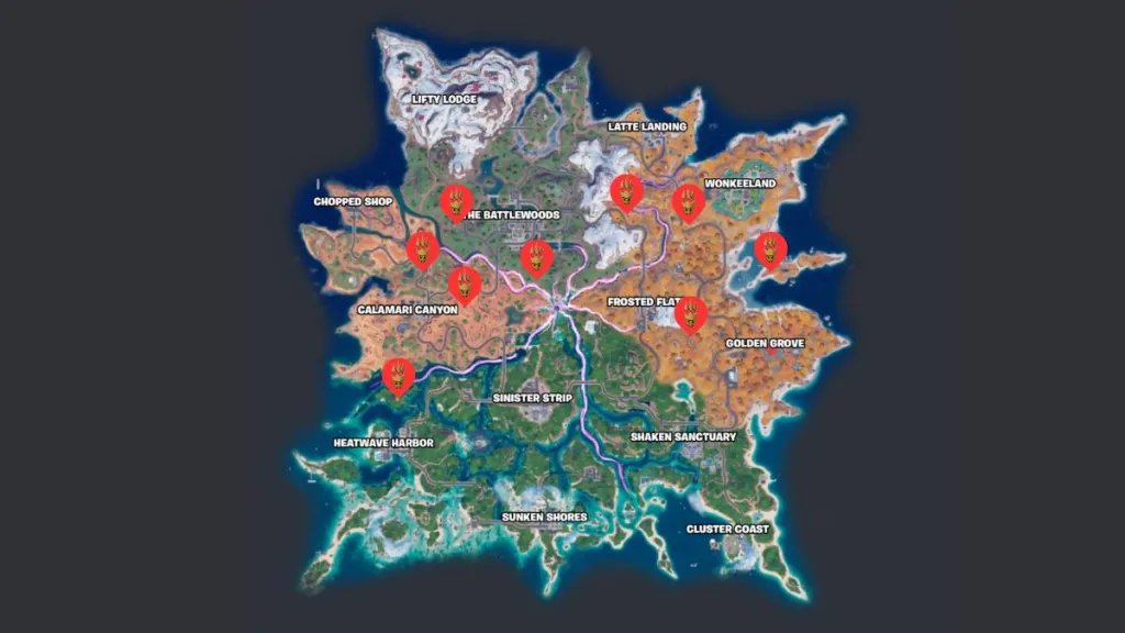 Mappa con le possibili posizioni dei boss di Fortnite Capitolo 7 Stagione 3