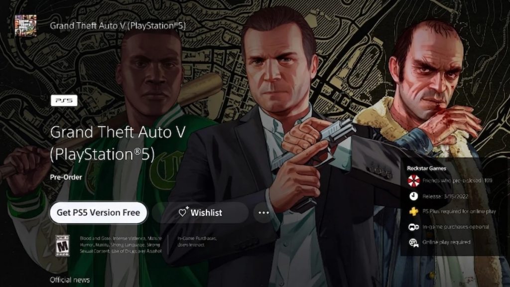 Immagine della pagina di upgrade di GTA 5 per PS5