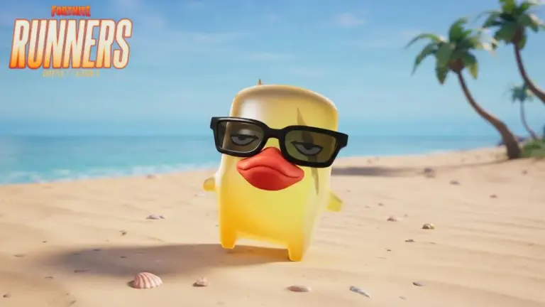 Fortnite Duck Sprite at a beach with the logo for Fortnite Runners