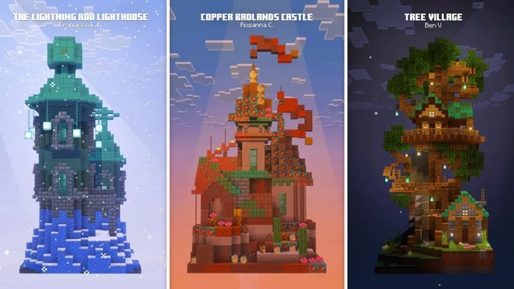 Le tre costruzioni finaliste per il Minecraft Movie Squared