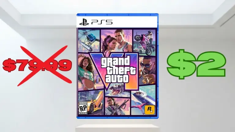 GTA 6 PS5 Case on a podium with the $79.99 price crossed out and the $2 price in green