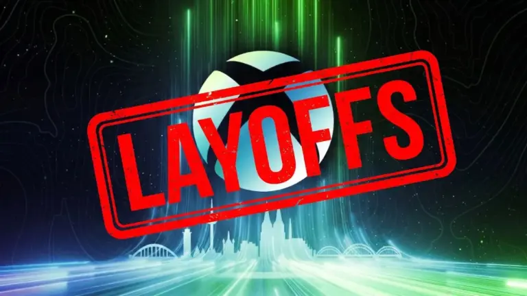Xbox Logo with a red stamp that says LAYOFFS